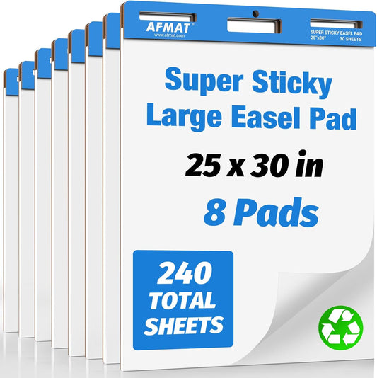 AFMAT Sticky Easel Pads, 25 in x 30 in Flip Chart Paper for Teachers, Ink Bleed-Through Resistant Easel Paper for Office/Classroom/Whiteboard/Wall/Windows, 30 Sheets/Pad, 8 Pads AFEP38BL