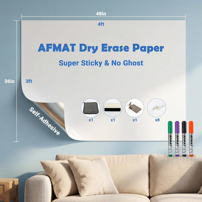 AFMAT White Board Dry Erase Paper, 48" x 36" Whiteboard Wallpaper, with 4 Markers, Stain-Proof & Super Sticky, No Ghost, 4' x 3' Peel and Stick Dry Erase Board Paper Roll for Wall/Home/Office,WS23B