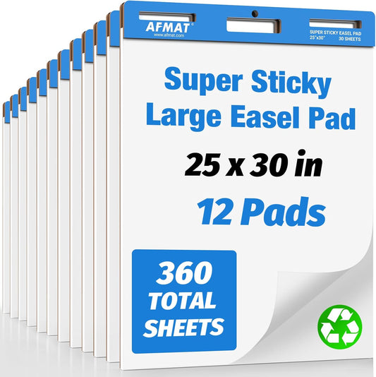 AFMAT Sticky Easel Pads, 25 in x 30 in Flip Chart Paper for Teachers, Ink Bleed-Through Resistant Easel Paper for Office/Classroom/Whiteboard/Wall/Windows, 30 Sheets/Pad, 12 Pads AFEP312BL