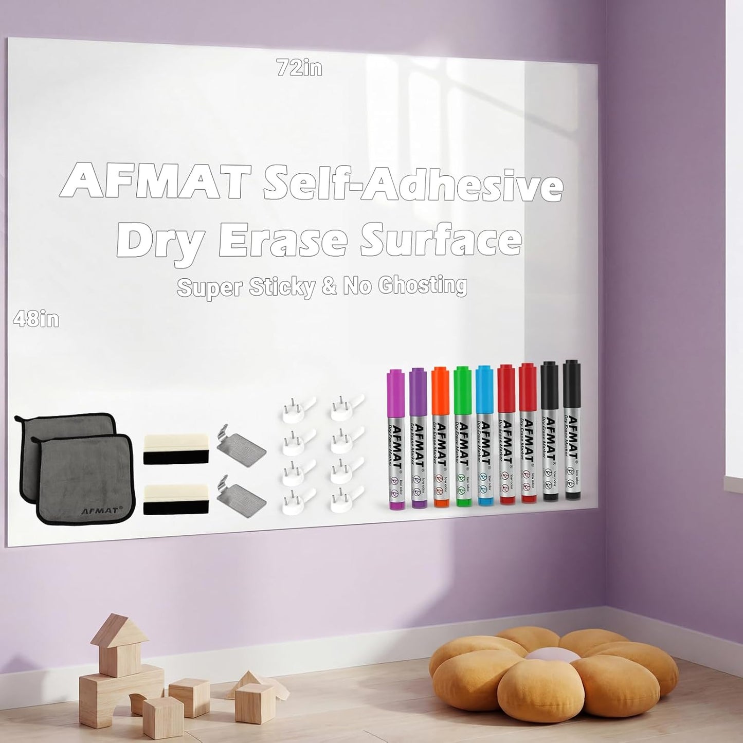 Dry Erase Whiteboard Paper, Large White Board Stickers for Wall, 6x4ft Dry Erase Paper Roll with Adhesive Backing, Perfect Replacement for White Board, No Ghost After 60 Days, 9 Much Better Markers, WS46E