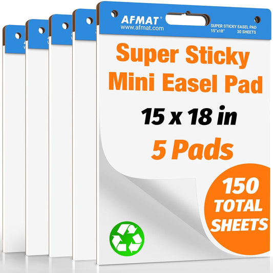 AFMAT Sticky Mini Easel Pads, 15 in x 18 in Flip Chart Paper for Teachers, Super Sticky & Bleed-Resistant, Self-Stick Easel Paper for Office/Classroom/Whiteboard/Wall/Windows, 30 Sheets/Pad, 5 Pads