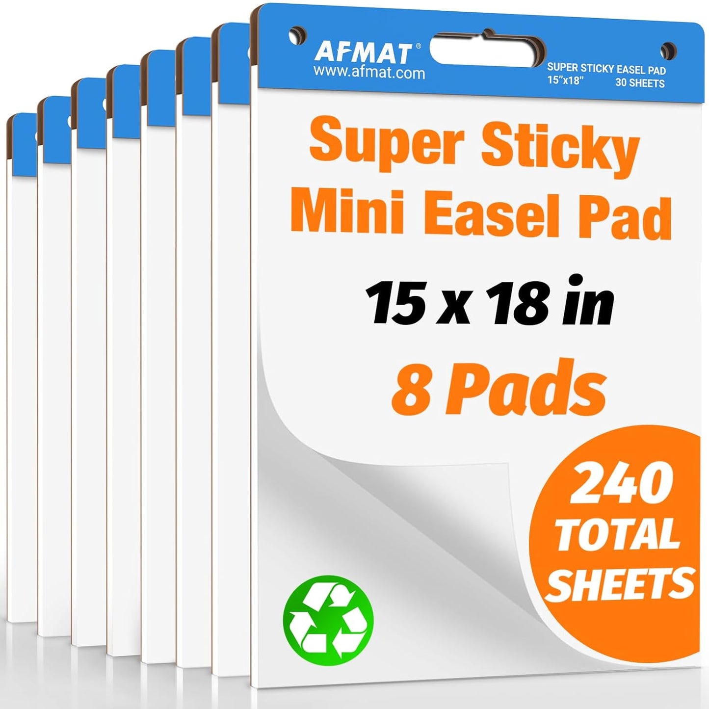 AFMAT Sticky Mini Easel Pads, 15 in x 18 in Flip Chart Paper for Teachers, Super Sticky & Bleed-Resistant, Self-Stick Easel Paper for Office/Classroom/Whiteboard/Wall/Windows, 30 Sheets/Pad, 8 Pads