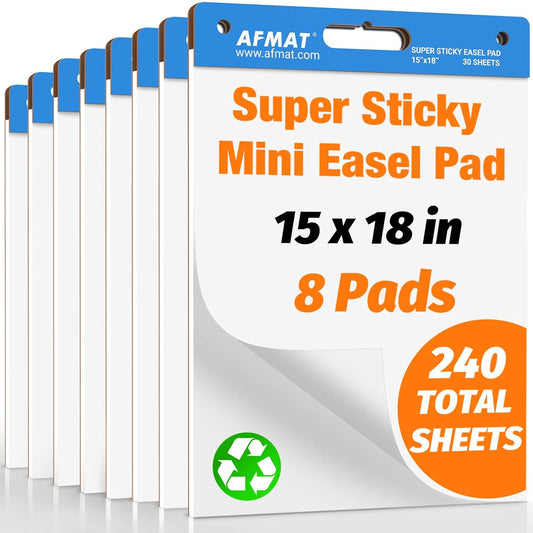 AFMAT Sticky Mini Easel Pads, 15 in x 18 in Flip Chart Paper for Teachers, Super Sticky & Bleed-Resistant, Self-Stick Easel Paper for Office/Classroom/Whiteboard/Wall/Windows, 30 Sheets/Pad, 8 Pads
