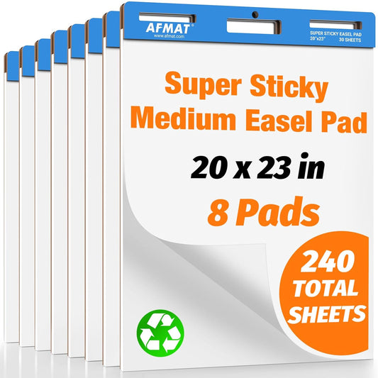 AFMAT Sticky Easel Pads, 20 in x 23 in Flip Chart Paper for Teachers, Super Sticky & Bleed-Resistant, Self-Stick Easel Paper for Office/Classroom/Whiteboard/Wall/Windows, 30 Sheets/Pad, 8 Pads