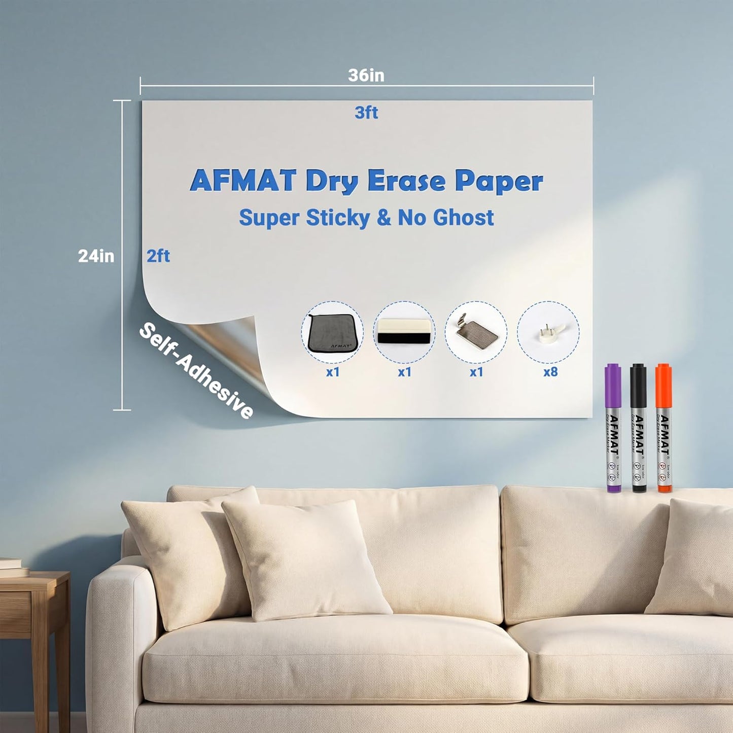 AFMAT White Board Dry Erase Paper, 36" x 24" Whiteboard Wallpaper, with 3 Markers, Stain-Proof & Super Sticky, No Ghost After 60 Days, Peel and Stick Dry Erase Board Paper Roll for Wall/Home/Office