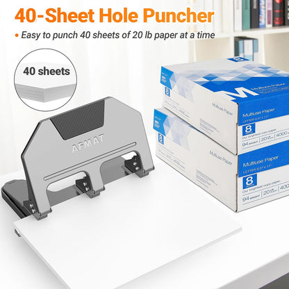 AFMAT 3 Hole Punch Heavy Duty, 40-Sheet 3 Hole Puncher for Binder, Metal Three Hole Punch w/ 10000+ Punching Times