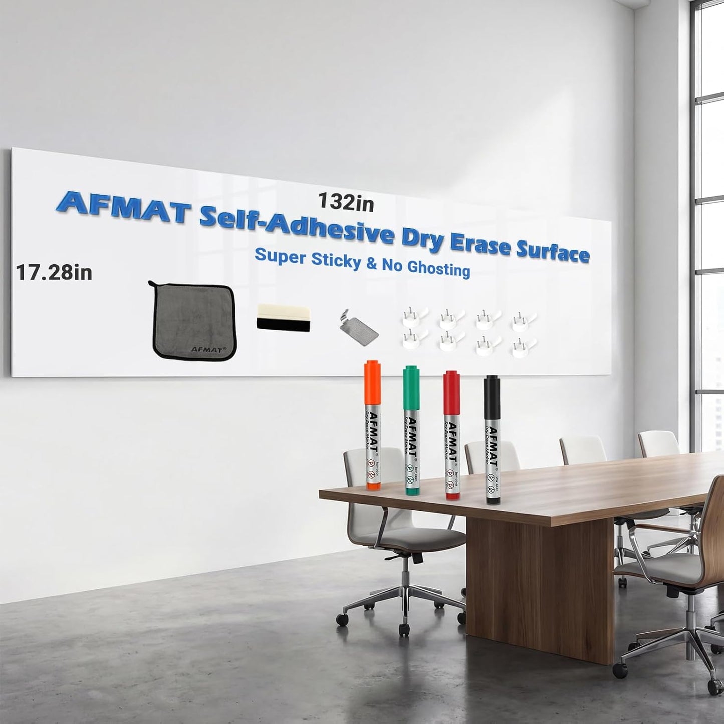 AFMAT White Board Sticker for Wall, 1.44x11ft Peel and Stick Whiteboard Wallpaper, Stain-Proof & Super Sticky Dry Erase Wall Decal, Dry Erase Contact Paper Roll for Table/Door, 4 Markers WS11E
