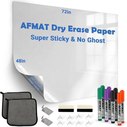 AFMAT White Board Dry Erase Paper, 72" x 48" Large Whiteboard Wallpaper, with 8 Markers, Stain-Proof & Super Sticky, No Ghost, 6' x 4' Peel and Stick Dry Erase Board Paper Roll for Wall/Home/Office