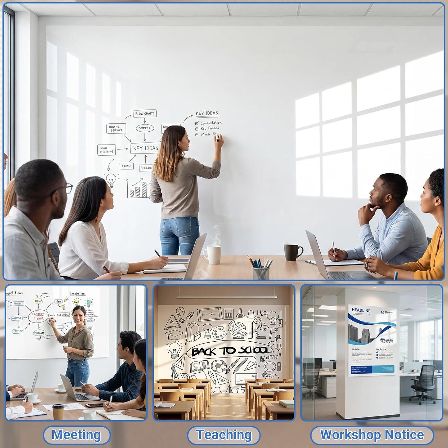 AFMAT White Board Dry Erase Paper, 72" x 48" Large Whiteboard Wallpaper, with 8 Markers, Stain-Proof & Super Sticky, No Ghost, 6' x 4' Peel and Stick Dry Erase Board Paper Roll for Wall/Home/Office