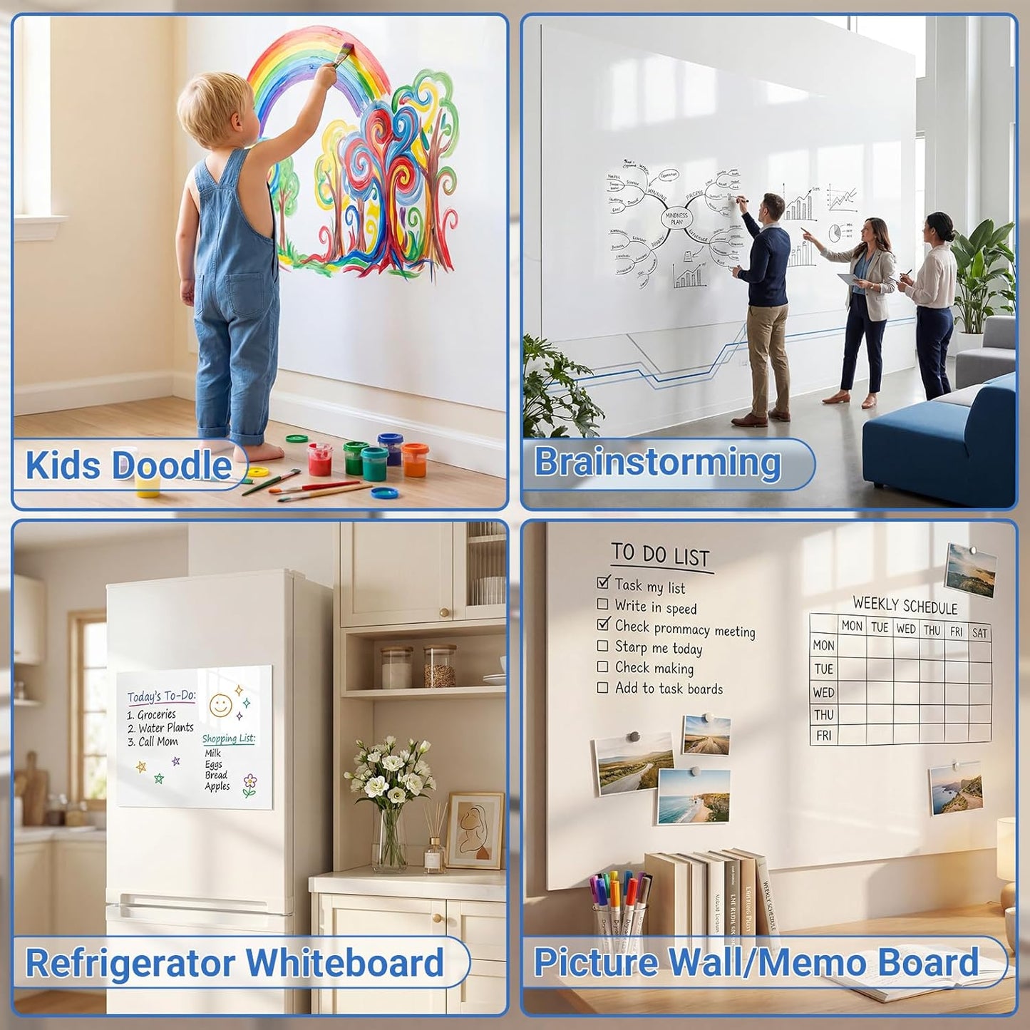 AFMAT White Board Dry Erase Paper, 72" x 48" Large Whiteboard Wallpaper, with 8 Markers, Stain-Proof & Super Sticky, No Ghost, 6' x 4' Peel and Stick Dry Erase Board Paper Roll for Wall/Home/Office