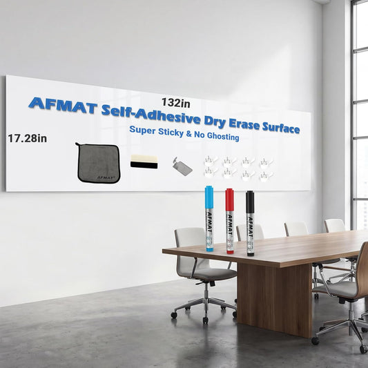 AFMAT White Board Sticker for Wall, 1.44x11ft Peel and Stick Whiteboard Wallpaper, Stain-Proof & Super Sticky Dry Erase Wall Decal, Dry Erase Contact Paper Roll for Table/Door, 3 Markers, WS11D