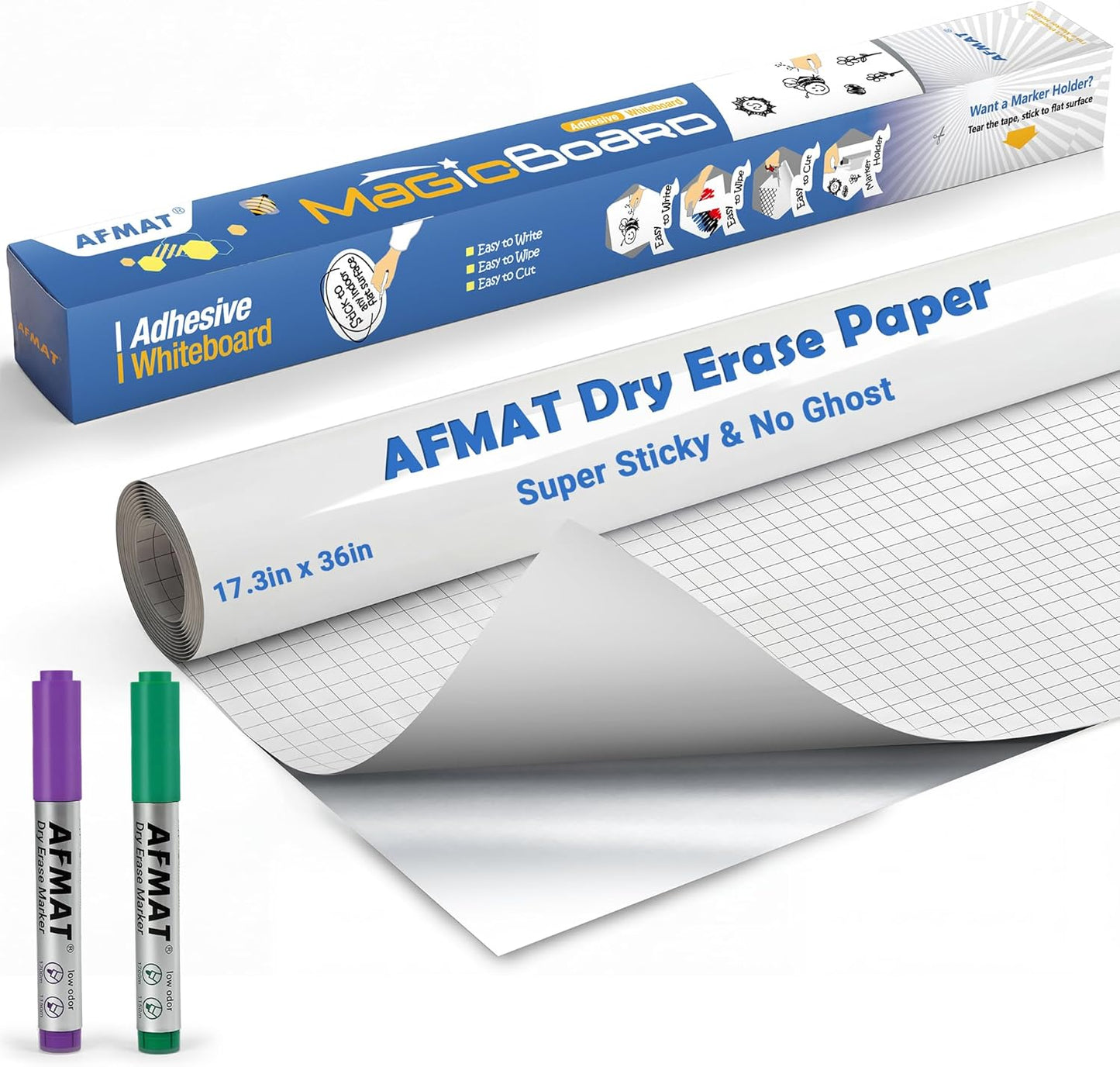 AFMAT White Board Dry Erase Paper, 36" x 17.3" Whiteboard Wallpaper, with 2 Markers, Stain-Proof & Super Sticky, No Ghost After 60 Days, Peel and Stick Dry Erase Board Paper Roll for Wall/Home/Office