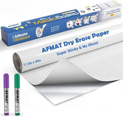 AFMAT White Board Dry Erase Paper, 36" x 17.3" Whiteboard Wallpaper, with 2 Markers, Stain-Proof & Super Sticky, No Ghost After 60 Days, Peel and Stick Dry Erase Board Paper Roll for Wall/Home/Office