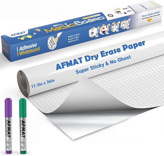 AFMAT White Board Dry Erase Paper, 36" x 17.3" Whiteboard Wallpaper, with 2 Markers, Stain-Proof & Super Sticky, No Ghost After 60 Days, Peel and Stick Dry Erase Board Paper Roll for Wall/Home/Office