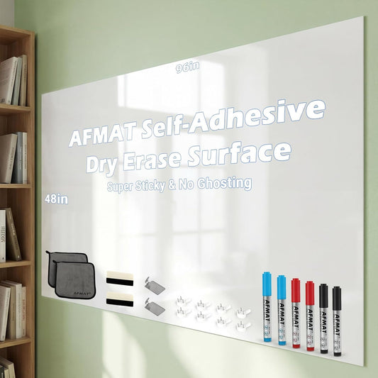 AFMAT Whiteboard for Wall, 8 x 4 ft White Board Sticker, 96 x 48 inches Dry Erase Wallpaper, Peel and Stick Whiteboard Contact Paper Roll for Wall/Table/Doors/Glass/Fridge, 6 Dry Erase Markers, WS48D