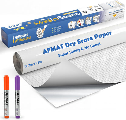 AFMAT White Board Dry Erase Paper, 78" x 17.3" Whiteboard Wallpaper, with 2 Markers, Stain-Proof & Super Sticky, No Ghost After 60 Days, Peel and Stick Dry Erase Board Paper Roll for Wall/Home/Office