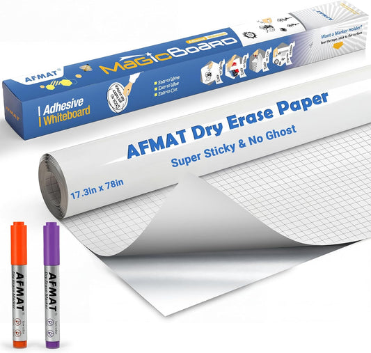 AFMAT White Board Dry Erase Paper, 78" x 17.3" Whiteboard Wallpaper, with 2 Markers, Stain-Proof & Super Sticky, No Ghost After 60 Days, Peel and Stick Dry Erase Board Paper Roll for Wall/Home/Office