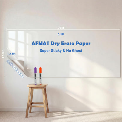 AFMAT White Board Dry Erase Paper, 78" x 17.3" Whiteboard Wallpaper, with 2 Markers, Stain-Proof & Super Sticky, No Ghost After 60 Days, Peel and Stick Dry Erase Board Paper Roll for Wall/Home/Office