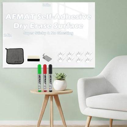 AFMAT White Board Dry Erase Paper, 36" x 24" Whiteboard Wallpaper, with 3 Markers, Stain-Proof & Super Sticky, No Ghost After 60 Days, Peel and Stick Dry Erase Board Paper Roll for Wall/Home/Office, WS12D