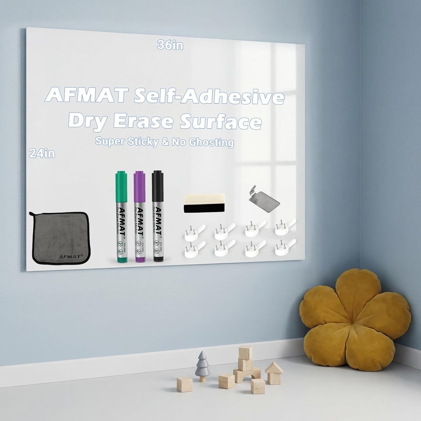 AFMAT Whiteboard Sticker, 36" x 24" Dry Erase Wallpaper, Stain-Proof & Super Sticky, No Ghost After 60 Days, Peel and Stick White Board Adhesive Paper Roll for Home/Office/Classroom, 3 Markers, WS12E