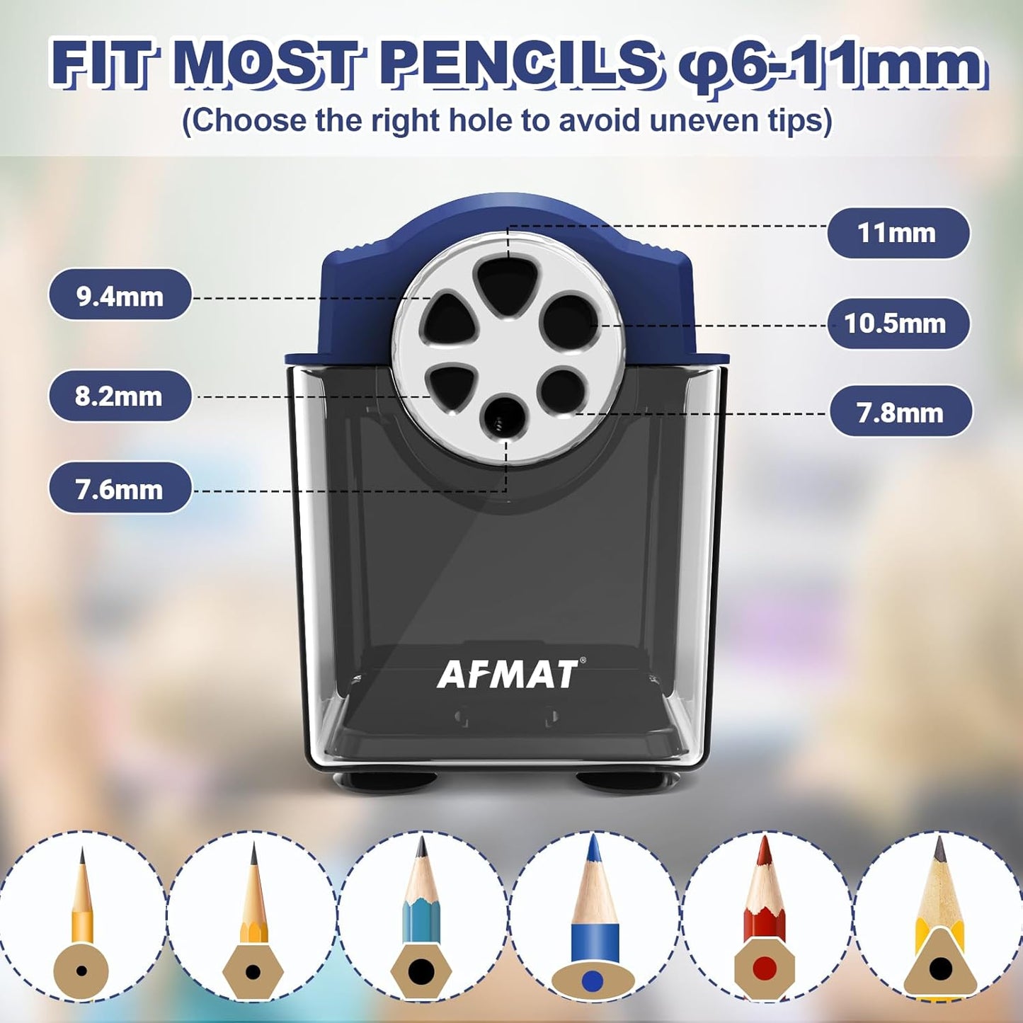 AFMAT Electric Pencil Sharpener Heavy Duty, 6-Hole Classroom Pencil Sharpener for 6-11mm Pencils