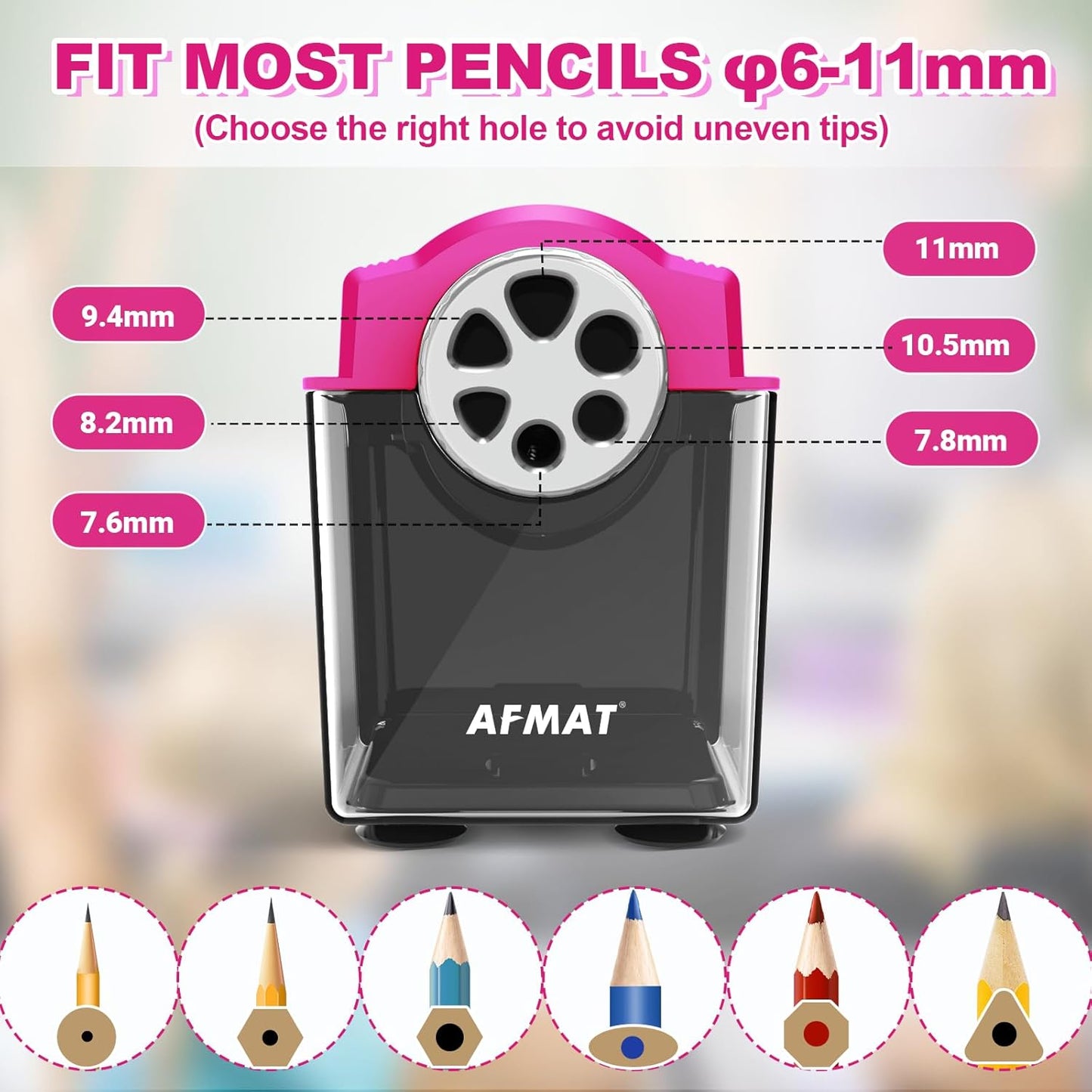 AFMAT Electric Pencil Sharpener Heavy Duty, 6-Hole Classroom Pencil Sharpener for 6-11mm Pencils