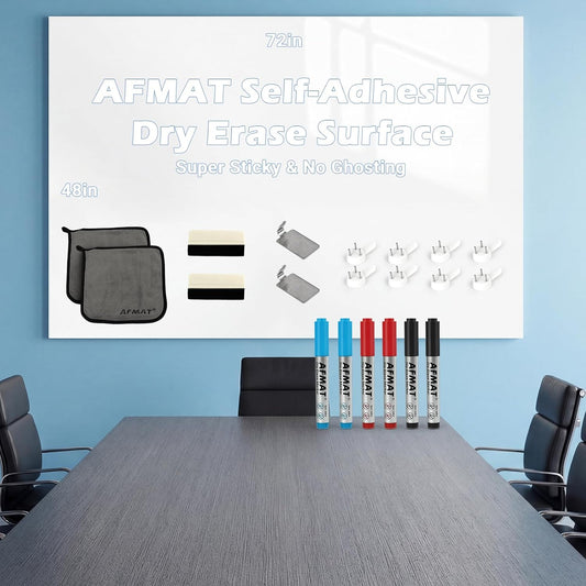 AFMAT White Board Dry Erase Paper, Large Whiteboard Wallpaper, with 6 Markers, Stain-Proof & Super Sticky, No Ghost, 6' x 4' Peel and Stick Dry Erase Board Paper for Wall/Home/Office, WS46D