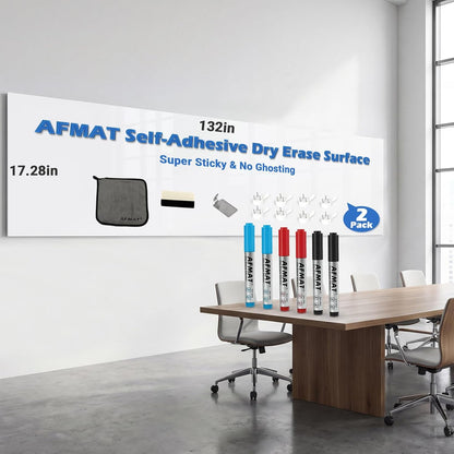 AFMAT White Board Sticker for Wall, 1.44x11ft Peel and Stick Whiteboard Wallpaper, Stain-Proof & Super Sticky Dry Erase Wall Decal, Dry Erase Contact Paper for Table/Door, 2 Rolls, 6 Markers, WS11Q2A
