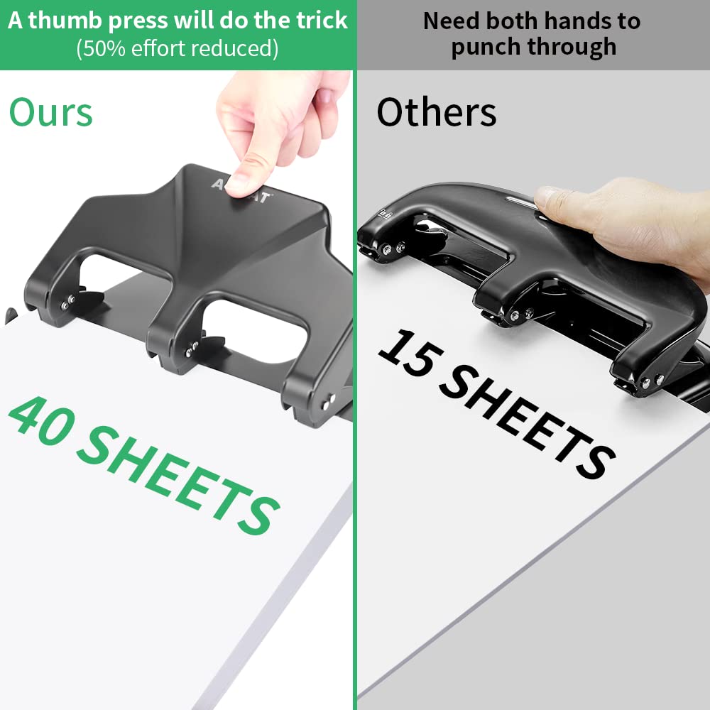 AFMAT 3 Hole Punch Heavy Duty, 40-Sheet Three Hole Punch, 50% Reduced Effort Metal Paper Puncher w/Large Chip Tray HP15