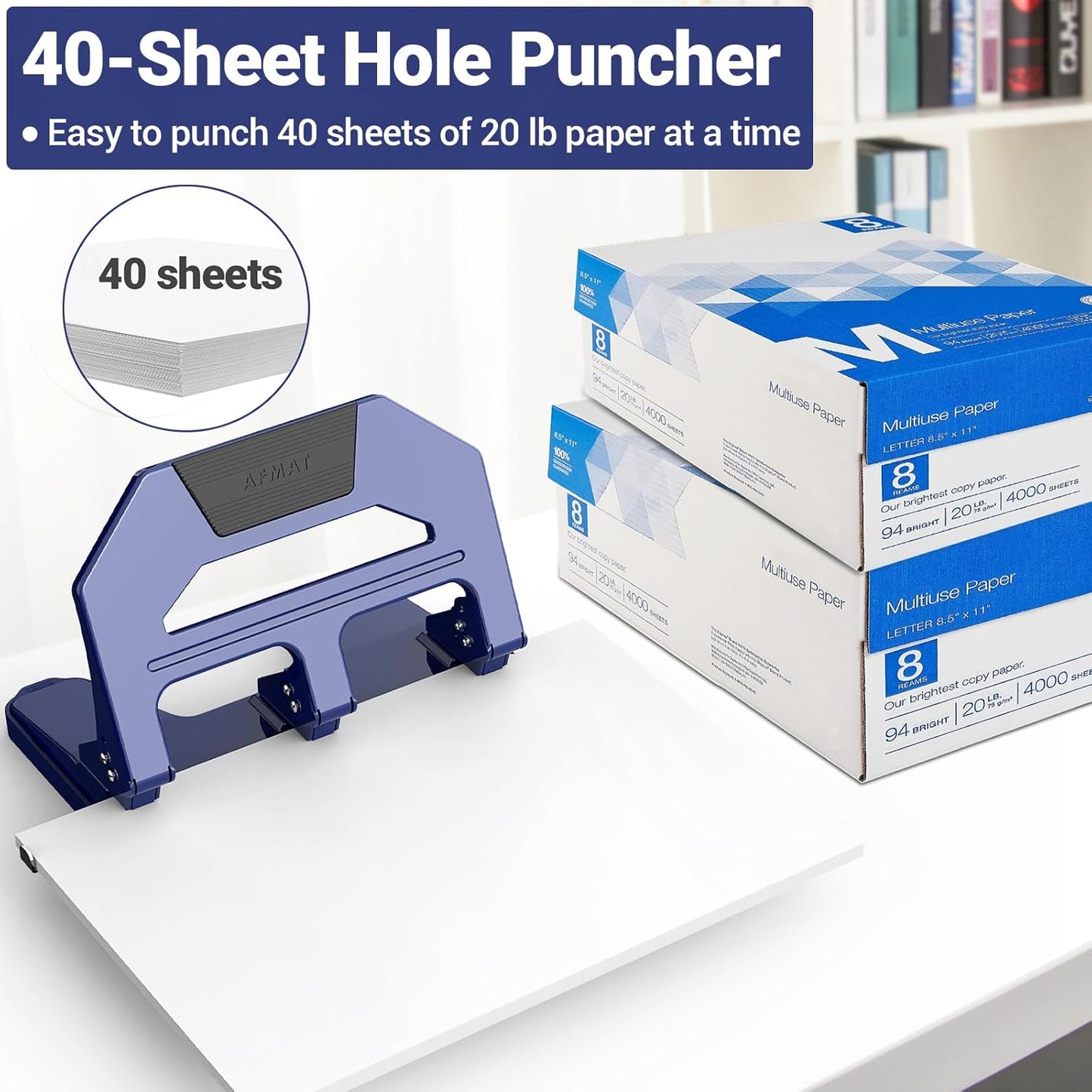 AFMAT 3 Hole Puncher Heavy Duty, 40-Sheet Heavy Duty Three Hole Punch, 50% Reduced Effort Paper Punch, 10000+ Punching Times HPX2BK