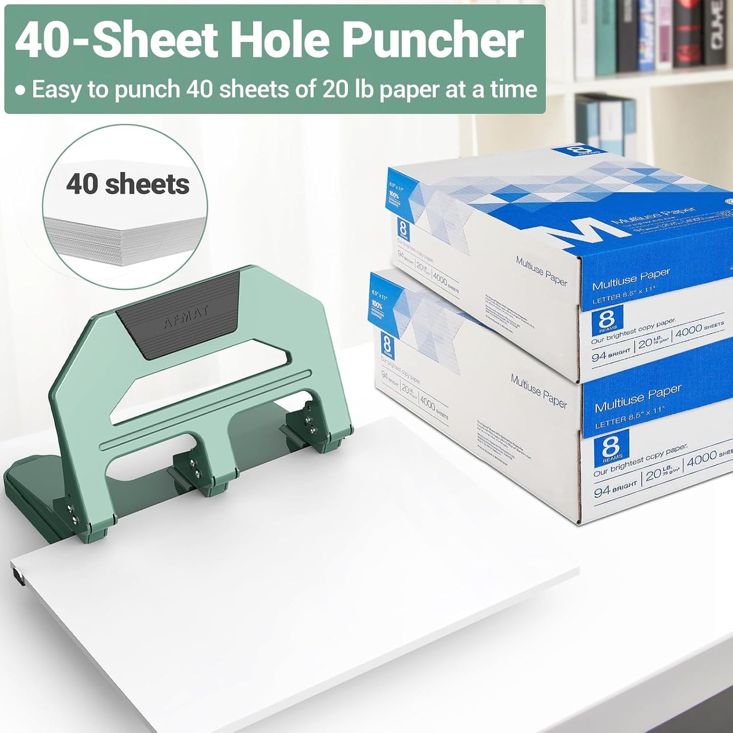 AFMAT 3 Hole Puncher Heavy Duty, 40-Sheet Heavy Duty Three Hole Punch, 50% Reduced Effort Paper Punch, 10000+ Punching Times HPX2BK