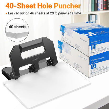 AFMAT 3 Hole Punch Heavy Duty, 3 Hole Puncher for Binder, 10000+ Punching Times, 40-Sheet Three Hole Punch