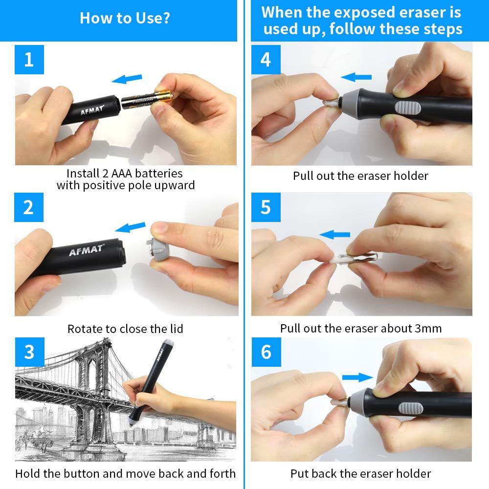 AFMAT Electric Eraser for Drawing, Battery Operated Eraser with 140 Refills, Electric Erasers Kit for Artist, Art Erasers for Painting, Sketching, Drafting, Detailer Tool for Crafting