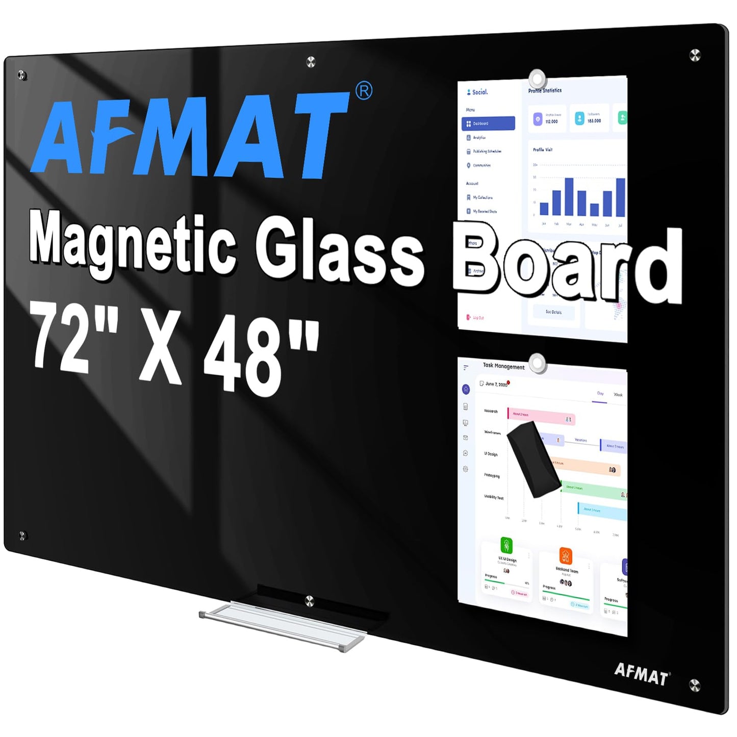 AFMAT Magnetic Glass Dry Erase Board, 72" x 48" Wall Mounted Black Glass Board, GB04BK3