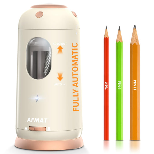 AFMAT Electric Pencil Sharpener, Auto in & Out, Fully Automatic Pencil Sharpener, Rechargeable Hands-Free Sharpeners for Jumbo & Colored Pencils (7-11.5mm), Good for Classroom/Home/Office,Off White Model:PSC8GD