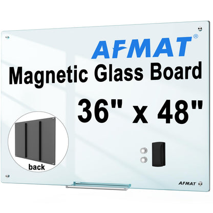 AFMAT Magnetic Glass Whiteboard, 48" x 36" Glass Dry Erase Board, 4mm Tempered Glass w/Strong Magnetic Surface, Large White Board for Wall, Frameless Wall Mounted Black Board for Office Home School,GB04WH1