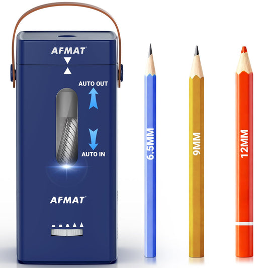 AFMAT Newly Upgraded PSC6 6.5-12mm Super Durable Fully Automatic Electric Pencil Sharpener, 3X Longer Cutter Life,for Jumbo & Colored Pencils (6.5-12mm),Auto in & Out, 5 Sharpness Modes, Rechargeable Heavy Duty Sharpeners for Classroom Home Office,PSC6BL