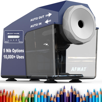 AFMAT Newly Upgraded PSC4 6.5-10.5mm Super Durable Heavy Duty Fully Automatic Pencil Sharpener, 3X Longer Cutter Life,Auto in & Out, 5 Sharpness Modes, Hands-Free Sharpeners for No.2/Jumbo/Colored Pencils (φ6.5-10.5mm),PSC4BL