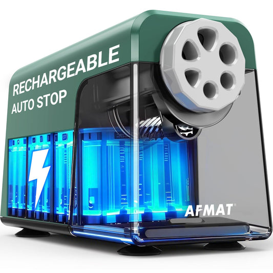 AFMAT 6-Hole Electric Pencil Sharpener Heavy Duty, Auto Stop Classroom Pencil Sharpener for 6-11mm Pencils, Rechargeable Pencil Sharpeners for School, 10,000+ Sharpenings, Save Pencils,Model:PSD1(Green)