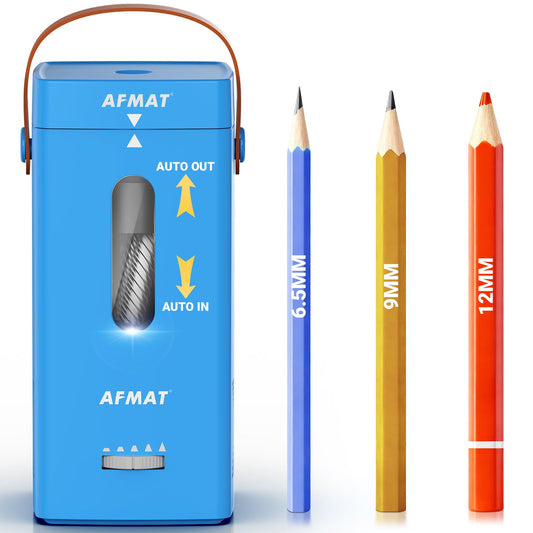 AFMAT Newly Upgraded PSC6 6.5-12mm Super Durable Fully Automatic Electric Pencil Sharpener, 3X Longer Cutter Life,for Jumbo & Colored Pencils (6.5-12mm),Auto in & Out, 5 Sharpness Modes, Rechargeable Heavy Duty Sharpeners for Classroom Home Office,PSC6BS