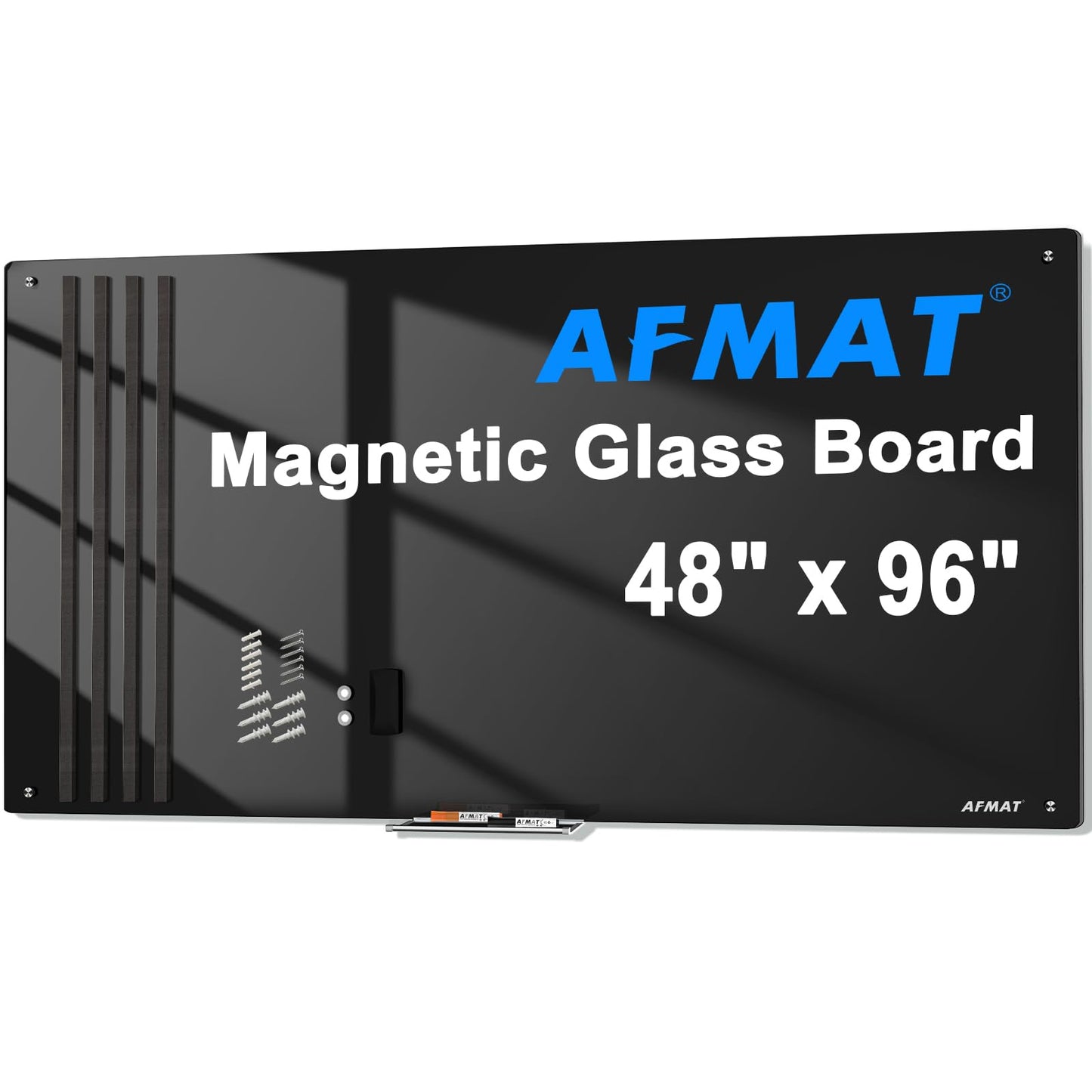 AFMAT Magnetic Glass Whiteboard, 96" x 48" Glass Dry Erase Board, 4mm Tempered Glass w/Strong Magnetic Surface, Large White Board for Wall, Frameless Wall Mounted Black Board for Office Home School