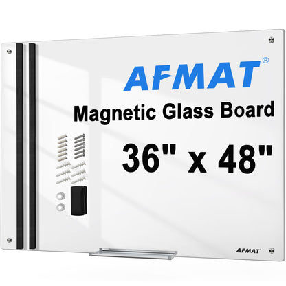AFMAT Magnetic Glass Whiteboard, 48" x 36" Glass Dry Erase Board, 4mm Tempered Glass w/Strong Magnetic Surface, Large White Board for Wall, Frameless Wall Mounted Black Board for Office Home School,GB04EW1
