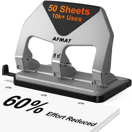 AFMAT HP20 Heavy Duty 3 Hole Punch, 60% Reduced Effort, 50-Sheet 3 Hole Puncher for Binder, 10,000+ Uses, Metal Three Hole Punch for Home Office School, w/Large Chip Tray, Paper Guide(Gray)