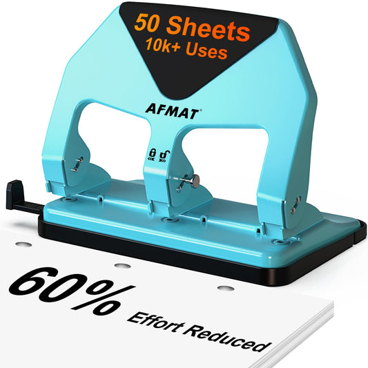 AFMAT HP20 Heavy Duty 3 Hole Punch, 60% Reduced Effort, 50-Sheet 3 Hole Puncher for Binder, 10,000+ Uses, Metal Three Hole Punch for Home Office School, w/Large Chip Tray, Paper Guide(Cyan)