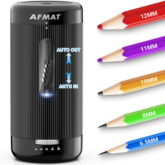 AFMAT Newly Upgraded PSC3 6.5-12mm Super Durable Fully Automatic Pencil Sharpener, 3X Longer Cutter Life, for No.2 & Jumbo & Colored Pencils (φ6.5-12mm),Auto in & Out, 5 Sharpness Modes, Rechargeable Heavy Duty Sharpeners for Classroom Home Office,PSC3BK