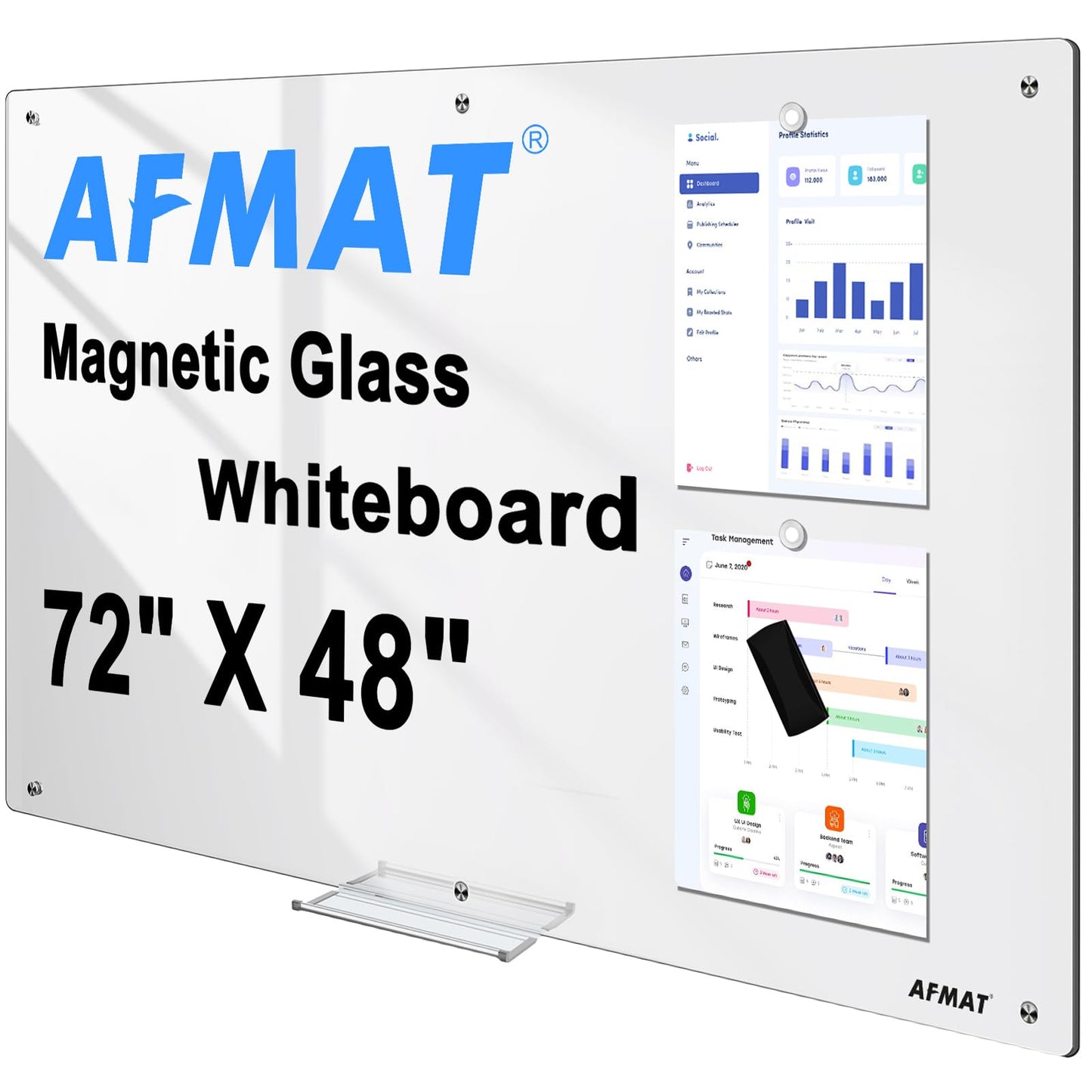 Magnetic Glass Dry Erase Board, 72" x 48" Glass Wall Mounted White Board, GB04EW3