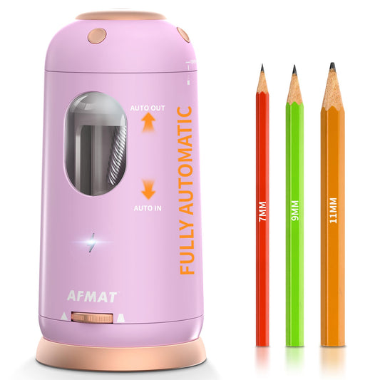 AFMAT Electric Pencil Sharpener, Auto in & Out, Fully Automatic Pencil Sharpener, Rechargeable Hands-Free Sharpeners for Jumbo & Colored Pencils (7-11.5mm), Good for Classroom/Home/Office,Light Purple Model:PSC8PR