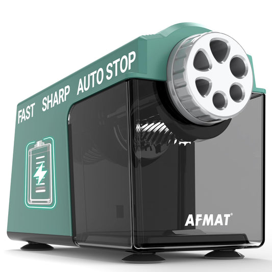 AFMAT Electric Pencil Sharpener Heavy Duty, 6 Holes, Super Fast, Auto Stop & Save Pencils, 10000 Sharpening Times, Rechargeable Classroom Pencil Sharpener for 6-11mm No.2/Large/Colored Pencils,Green Model:PSD4GN