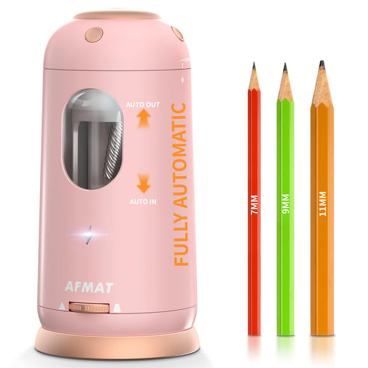 AFMAT Electric Pencil Sharpener, Auto in & Out, Fully Automatic Pencil Sharpener, Rechargeable Hands-Free Sharpeners for Jumbo & Colored Pencils (7-11.5mm), Good for Classroom/Home/Office, Light Pink Model:PSC8PK
