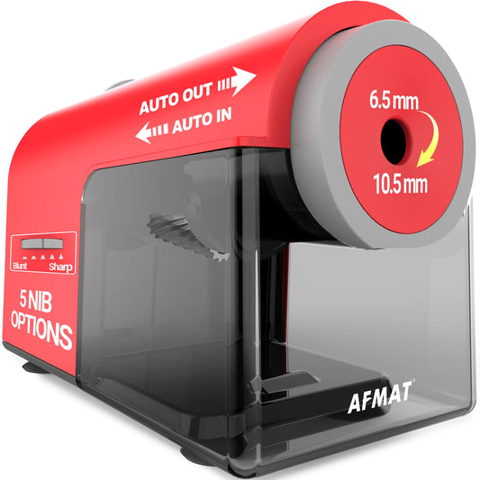 AFMAT Newly Upgraded PSC5 6.5-10.5mm Super Durable Heavy Duty Fully Automatic Pencil Sharpener, 3X Longer Cutter Life, for 6.5-10.5mm No.2/Jumbo/Colored Pencils, Auto in & Out, 5 Sharpness Modes, 10000+ Sharpenings for Classroom Home Office, PSC5RD